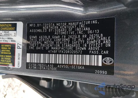 2013 Toyota Camry Xle z USA, uszkodzony, nr VIN 4T4BF1FK2DR320572